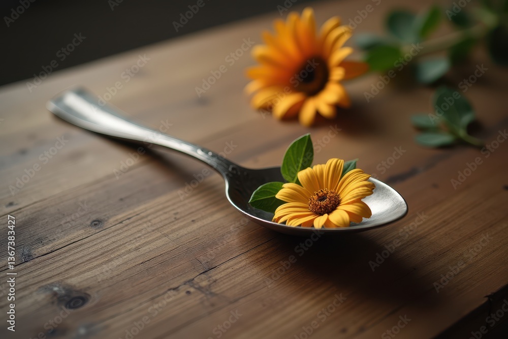 Spoon containing bright yellow daisy flower on wooden surface