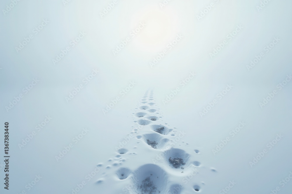 Footprints leading foggy snowy horizon