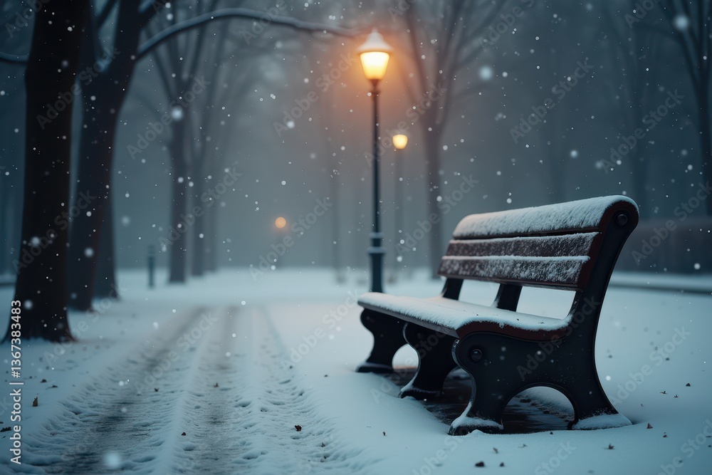 Winter night park scene with -covered bench glowing streetlights