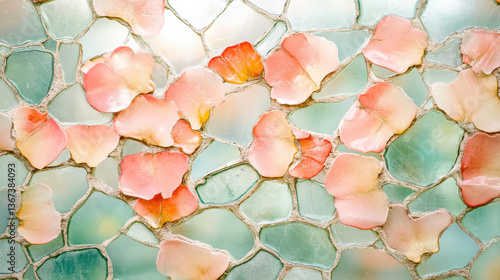 Artistic shot of a blurred floral composition seen through thick patterned glass, pastel pink hues blending into muted greens, light diffused and broken across the surface creating an ethereal mosai