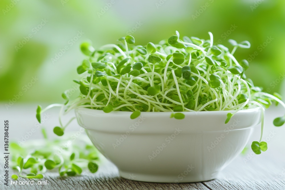 Sunlit kitchen countertop with a bowl of fresh microgreens Sunlit kitchen countertop with a bowl of fresh microgreens
