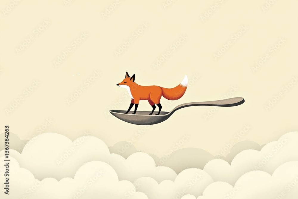Fox standing on spoon in surreal cloudscape