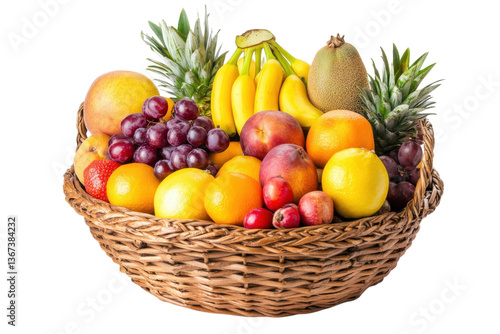 A colorful assortment of fresh fruits in a woven basket celebrating nature's bounty isolated on transparent background