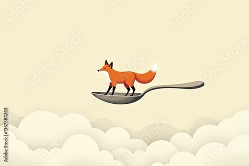 Obraz na płótnie Fox standing on spoon in surreal cloudscape w salonie