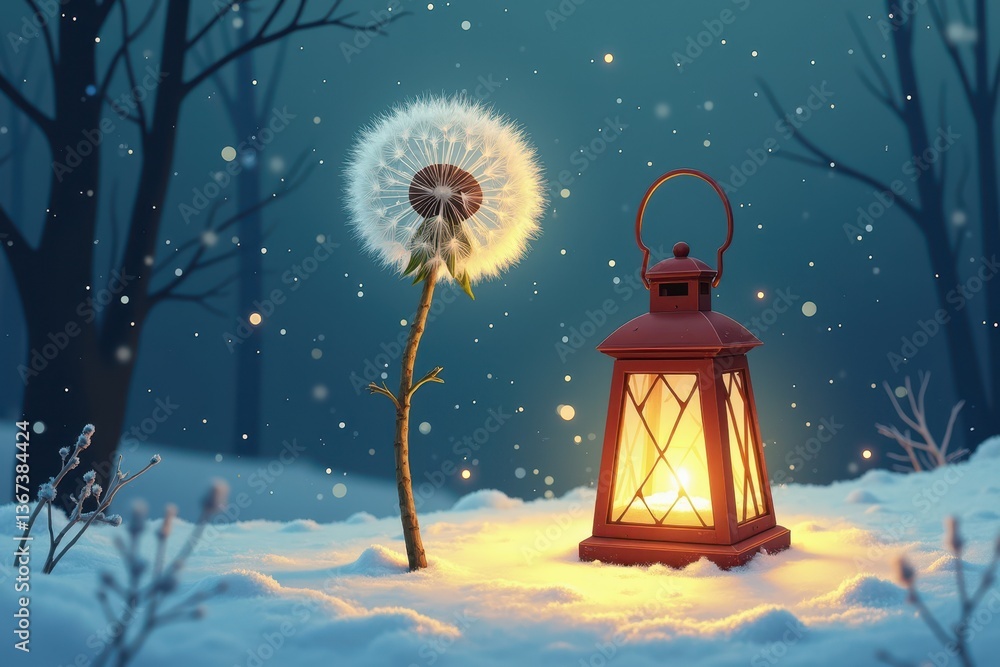 Dandelion lantern glow amidst snowy winter landscape
