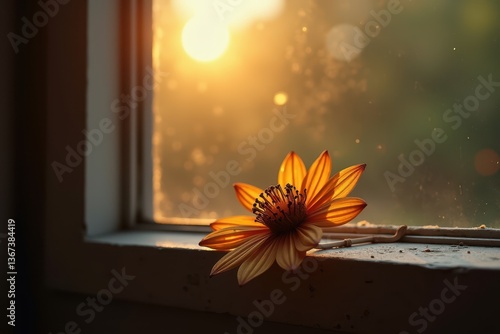 Obraz na płótnie Sunset light illuminating flower window w salonie