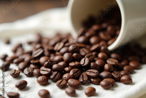 Coffee beans spilling cup fabric surface