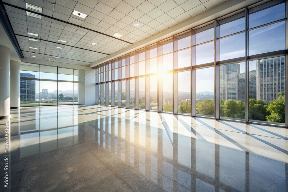 Bright Minimalist Interior Design with Large Windows and Elegant Shadow Play - Stock Photo Bright Minimalist Interior Design with Large Windows and Elegant Shadow Play - Stock Photo