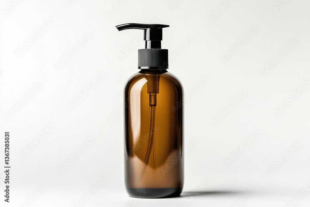 Elegant amber bottle with a pump, showcasing minimalistic design for skincare products isolated on transparent background Elegant amber bottle with a pump, showcasing minimalistic design for skincare products isolated on transparent background