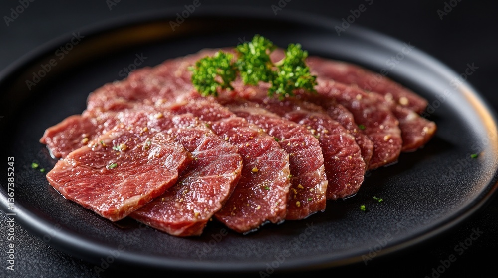sliced beef steak on black plate sliced beef steak on black plate