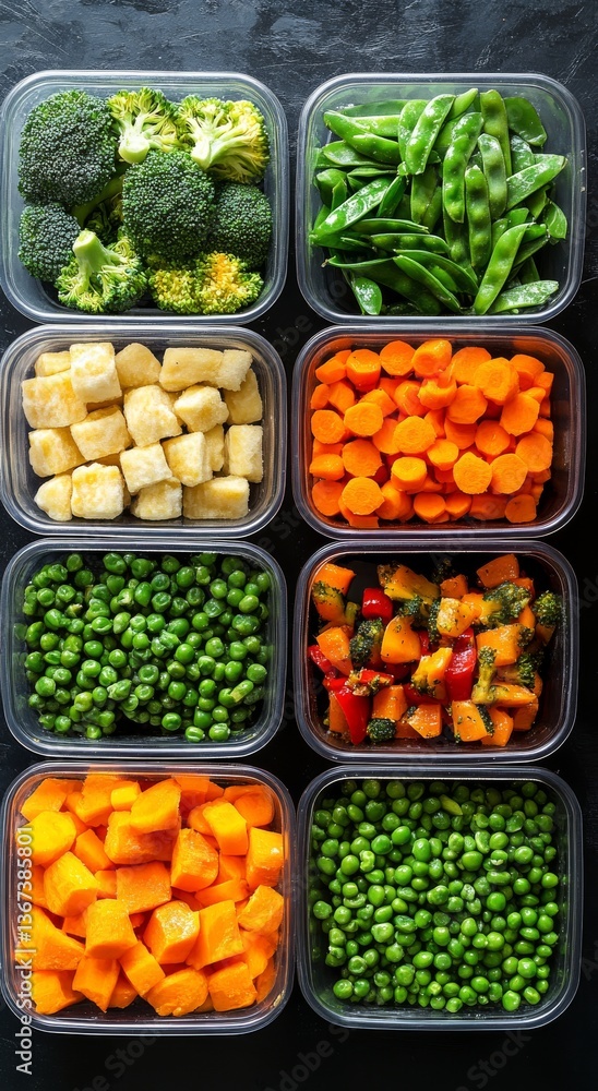 Containers filled with fresh and frozen vegetables, highlighting nutritious meal preparation Containers filled with fresh and frozen vegetables, highlighting nutritious meal preparation
