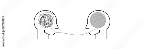 Profile of a person with a brain and thoughts. Unraveling tangled tangle. Mental health and pharmacy concept.