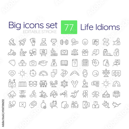 Life idioms linear icons set. Workload balance. Communication, relationships. Goals, milestones. Customizable thin line symbols. Isolated vector outline illustrations. Editable stroke