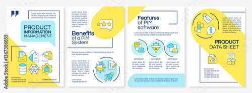 Product information management blue and yellow brochure layout. Benefits, features and sheets. Leaflet advertising design with color line icons. Editable 4 pages. Questrial, Lato-Regular fonts used