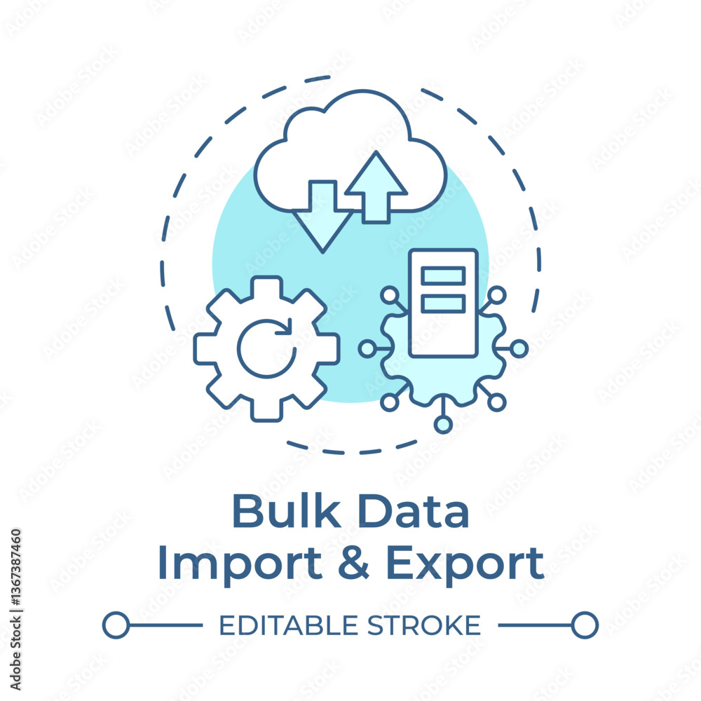 Bulk data import and export soft blue concept icon. Managing catalogs. Benefit of using PIM system. Round shape line illustration. Abstract idea. Graphic design. Easy to use in presentation Bulk data import and export soft blue concept icon. Managing catalogs. Benefit of using PIM system. Round shape line illustration. Abstract idea. Graphic design. Easy to use in presentation