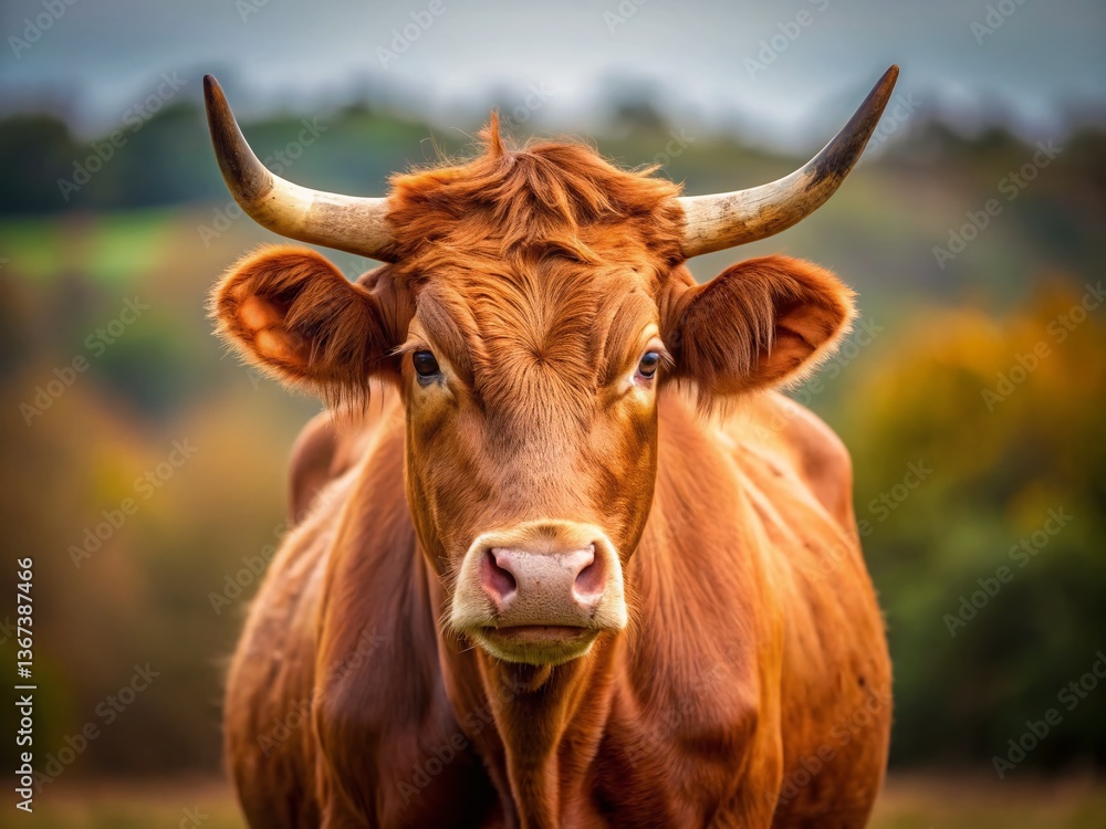 Brown Horned Cow Facing Forward - Farm Animal Stock Photo Brown Horned Cow Facing Forward - Farm Animal Stock Photo
