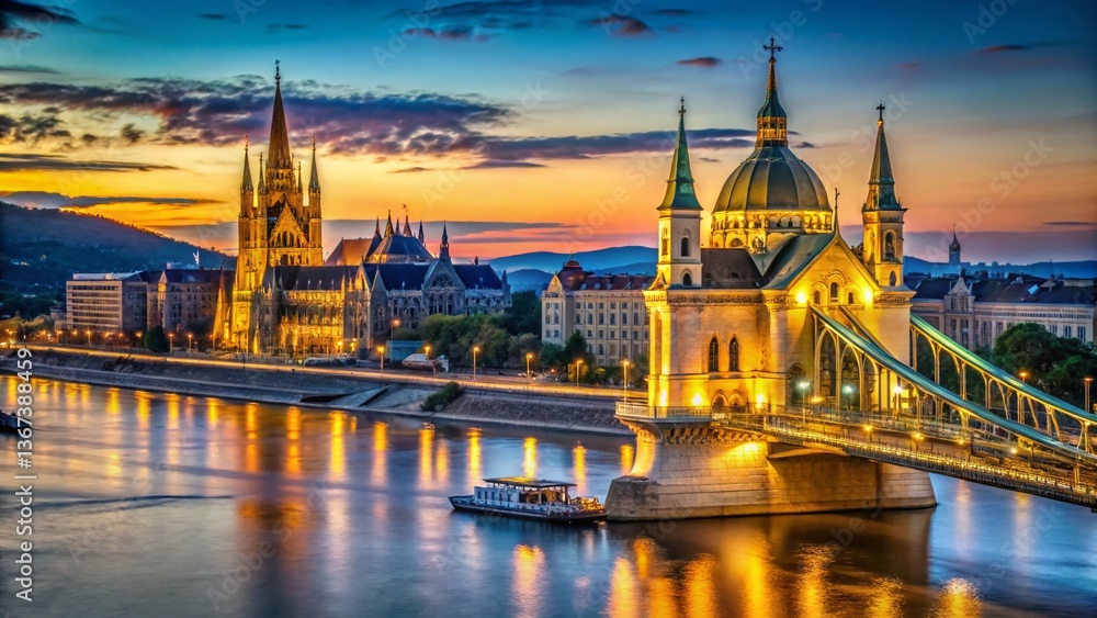 Naklejka premium Budapest Elizabeth Bridge & Church of Blessed Virgin Mary, Pest Embankment Scenic View