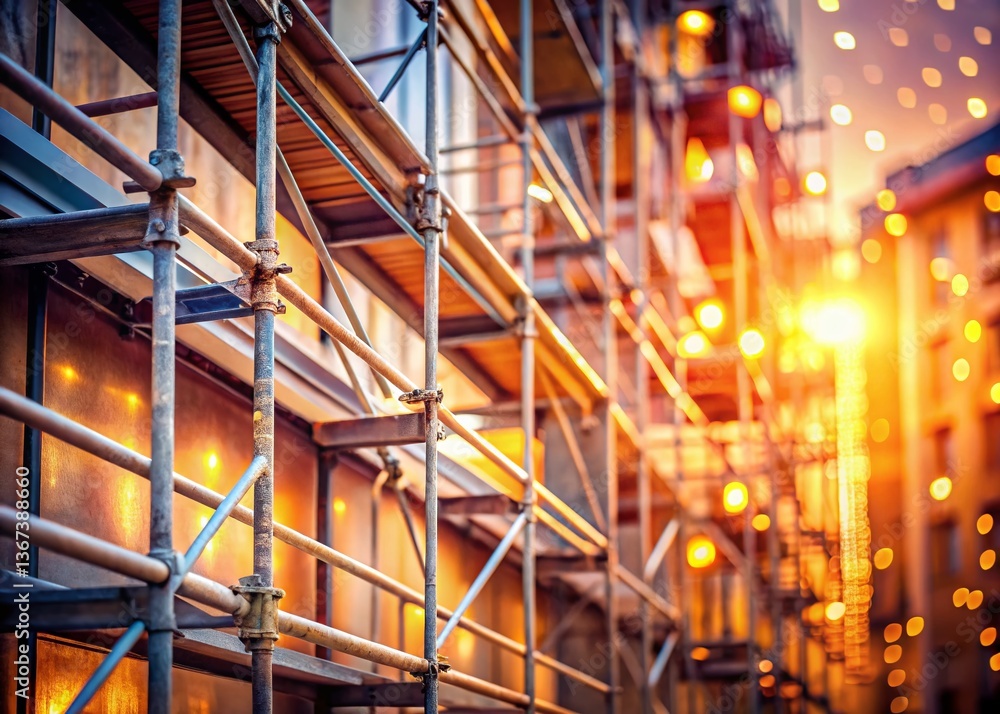 Building Renovation: Scaffolding with Bokeh Background - Stock Photo Building Renovation: Scaffolding with Bokeh Background - Stock Photo