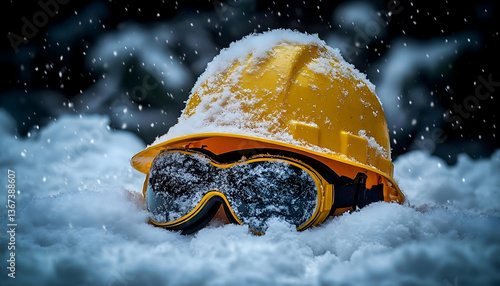 Yellow Construction Helmet And Goggles In Deep Snow