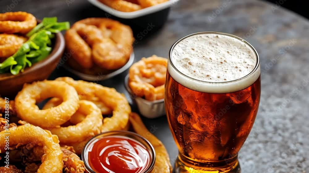 Delicious Variety of Appetizers with Beer and Dipping Sauces Delicious Variety of Appetizers with Beer and Dipping Sauces