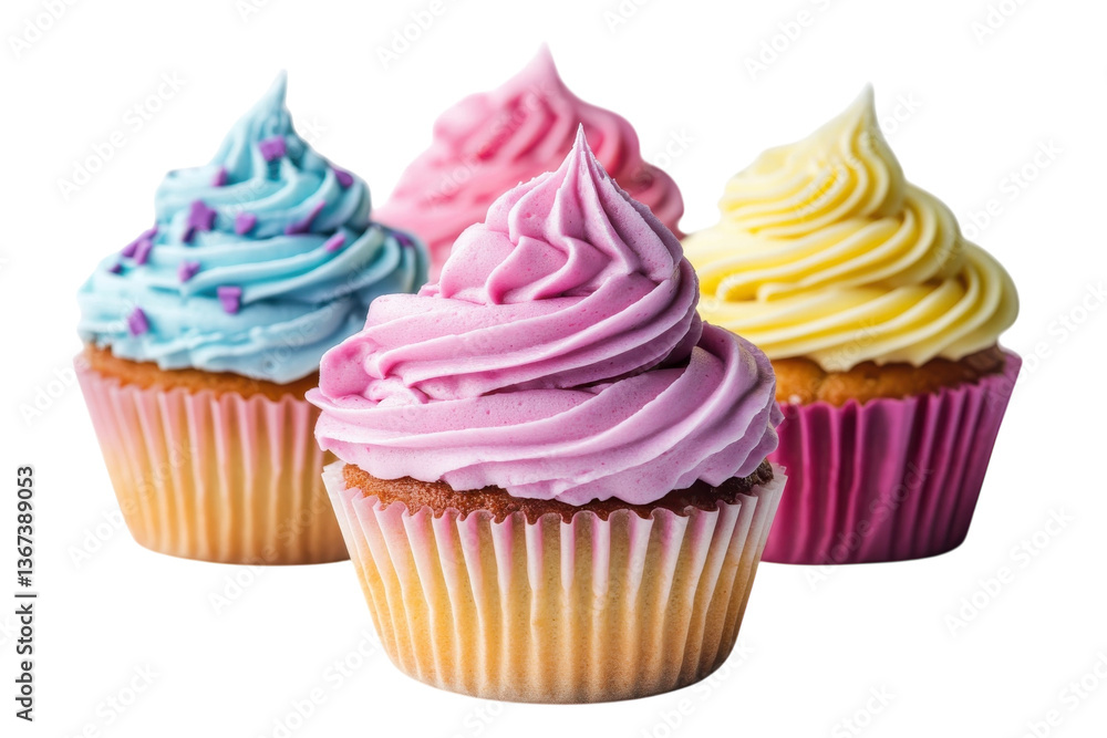 Delightful cupcakes with swirls of colorful frosting displayed on a bright background isolated on transparent background Delightful cupcakes with swirls of colorful frosting displayed on a bright background isolated on transparent background