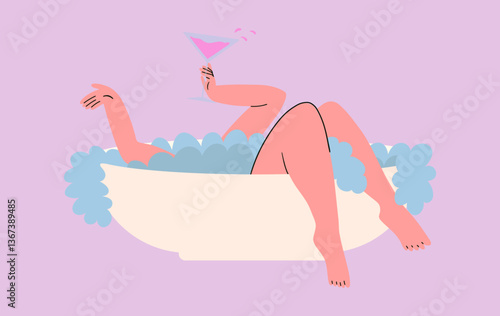 Woman takes bath with cocktail glass. Mental health concept for womens day. Valentines day card illustration.