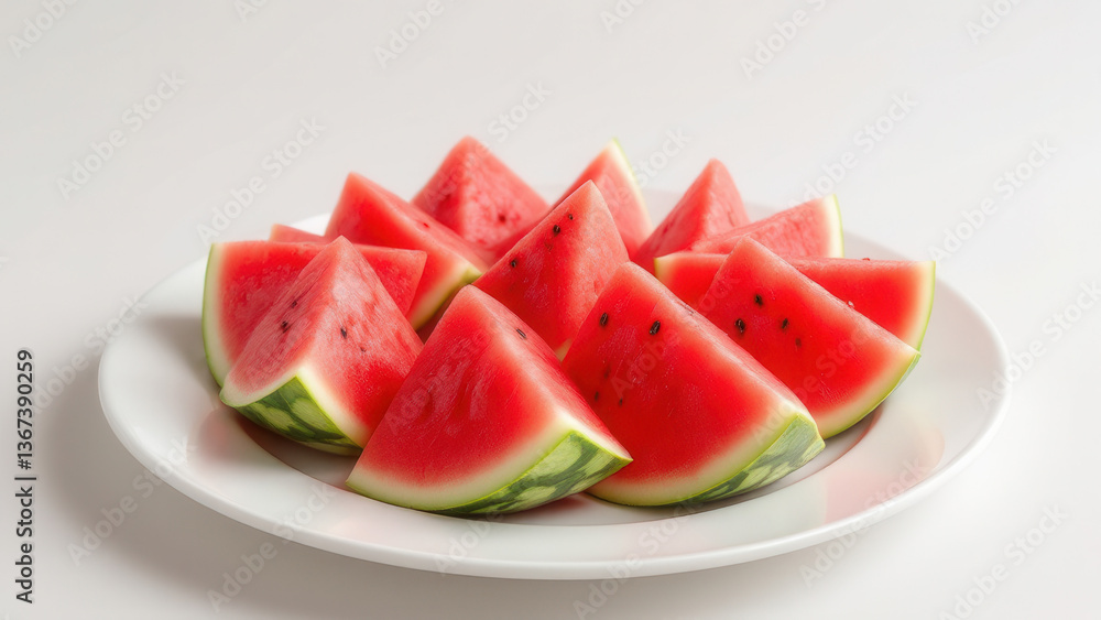 Triangular watermelon slices, vibrant red fruit with black seeds on a white plate. Triangular watermelon slices, vibrant red fruit with black seeds on a white plate.
