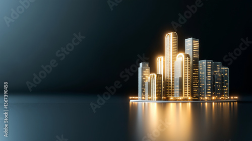 Luminous golden lines highlighting sleek skyscrapers, urban skyline mirroring on nocturnal waters with ethereal architectural reflection