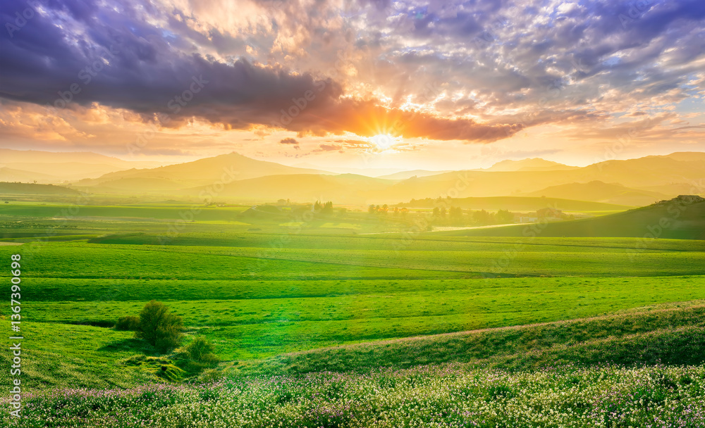 Obraz premium panoramic spring season landscape of beautiful greel field with yellow and salad hills and mountains in countryside