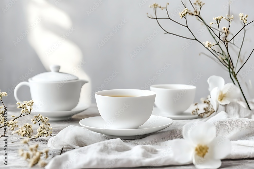 Serene White Tea Setting with Flowers Serene White Tea Setting with Flowers