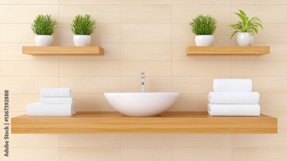 Fototapeta premium Modern bathroom design featuring a sleek sink, neatly stacked towels, and decorative plants on wooden shelves against a neutral wall.