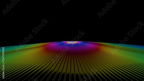 Vibrant rainbow lines radiate across a dark background, forming a fluid wave-like surface with bright gradient stripes, evoking a dynamic and futuristic design.