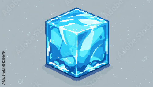 8-bit pixel ice cube with angular edges and translucent blue tint isolated on white background