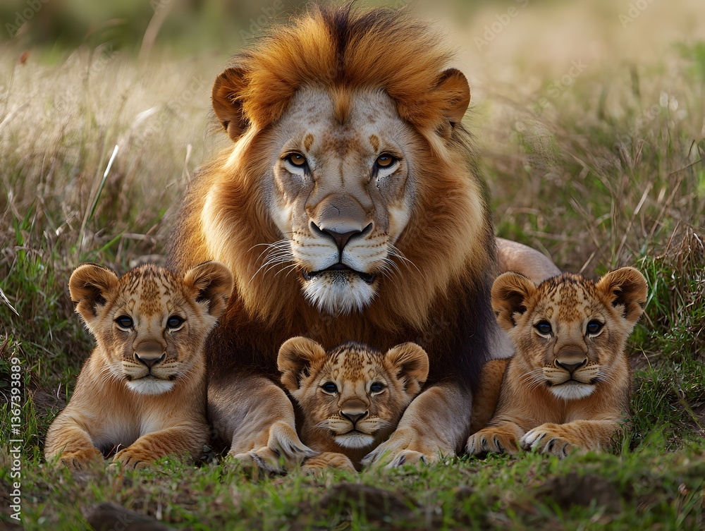 A majestic African lion proudly poses with his three adorable cubs in the tall savanna grass. A majestic African lion proudly poses with his three adorable cubs in the tall savanna grass.