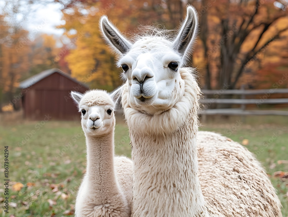 Obraz premium An adult white llama and its adorable fluffy cria pose together in an autumnal farm setting with vibrant fall foliage.