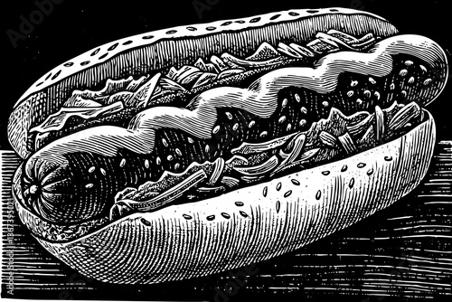 hotdog hand drawn sketch black and white illustration food, hotdog juicy grilled sausage with sesame seeds and herb