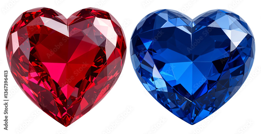 Fototapeta premium Faceted Red and Blue Diamond Hearts on Transparent Background