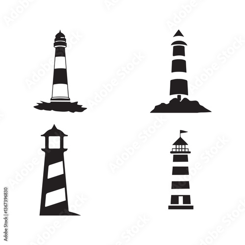 Lighthouse Silhouette Set, Nautical Tower Icons, Coastal Navigation Symbols, Maritime Beacon Illustrations