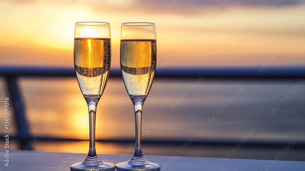 Champagne glasses at sunrise over the ocean. Possible use Celebration, relaxation, romantic image Champagne glasses at sunrise over the ocean. Possible use Celebration, relaxation, romantic image
