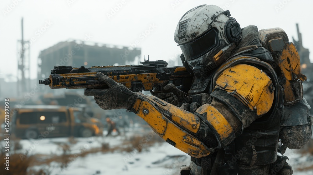 Soldier in yellow armor aiming rifle in warzone. Soldier in yellow armor aiming rifle in warzone.