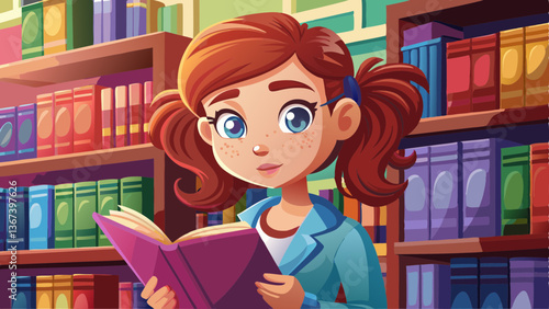 Closeup America girl reading text book in library.