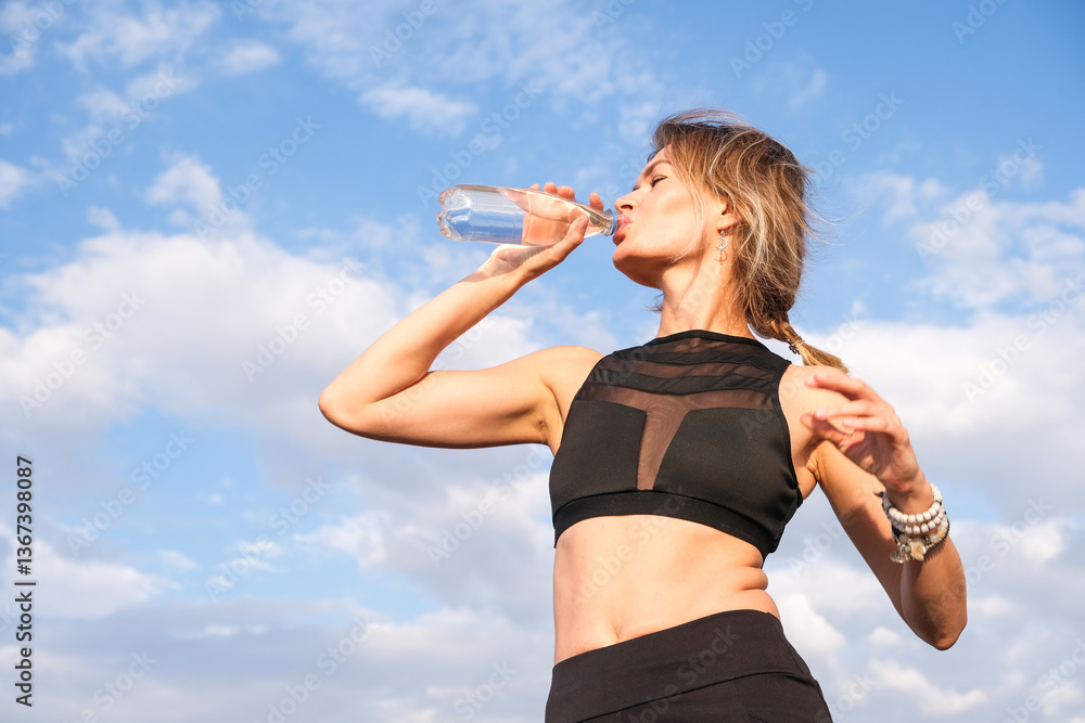 A slender blonde girl drinks clear water after an outdoor exercise session against a blue sky. A slender blonde girl drinks clear water after an outdoor exercise session against a blue sky.