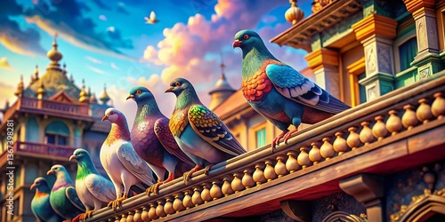Cartoon Pigeons on Rooftop Building, Architectural Photography, Cityscape