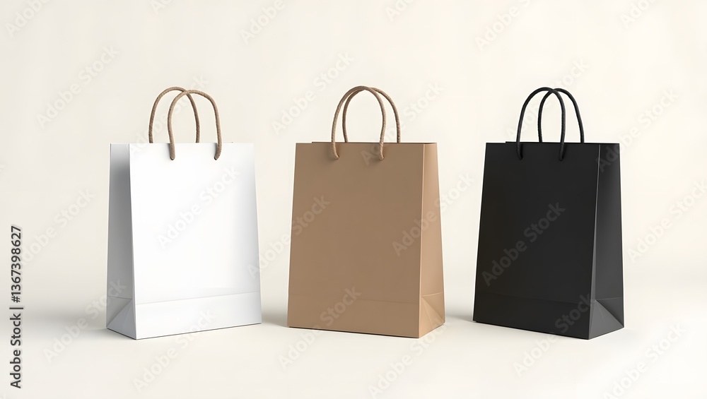 Paper Shopping Bag Mockup with Rope Handle - Three Colors Paper Shopping Bag Mockup with Rope Handle - Three Colors