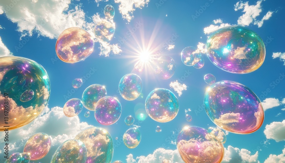 Colorful Bubbles Floating in a Sunny Sky with Fluffy Clouds Colorful Bubbles Floating in a Sunny Sky with Fluffy Clouds