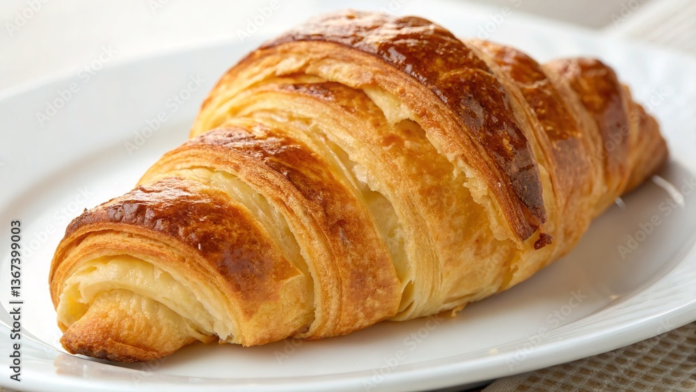 Golden Croissant on a Plate: A perfectly baked, golden-brown croissant sits gracefully on a pristine plate, offering a tempting glimpse of flaky layers and buttery goodness. Golden Croissant on a Plate: A perfectly baked, golden-brown croissant sits gracefully on a pristine plate, offering a tempting glimpse of flaky layers and buttery goodness.