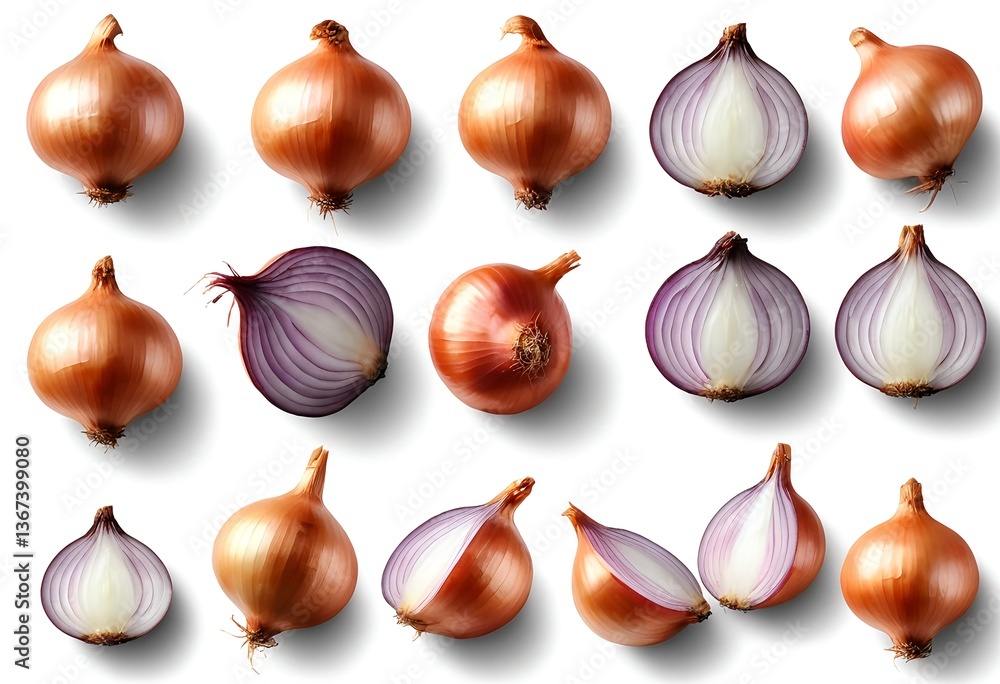 Fresh Onions, Whole and Halved, Top View Fresh Onions, Whole and Halved, Top View
