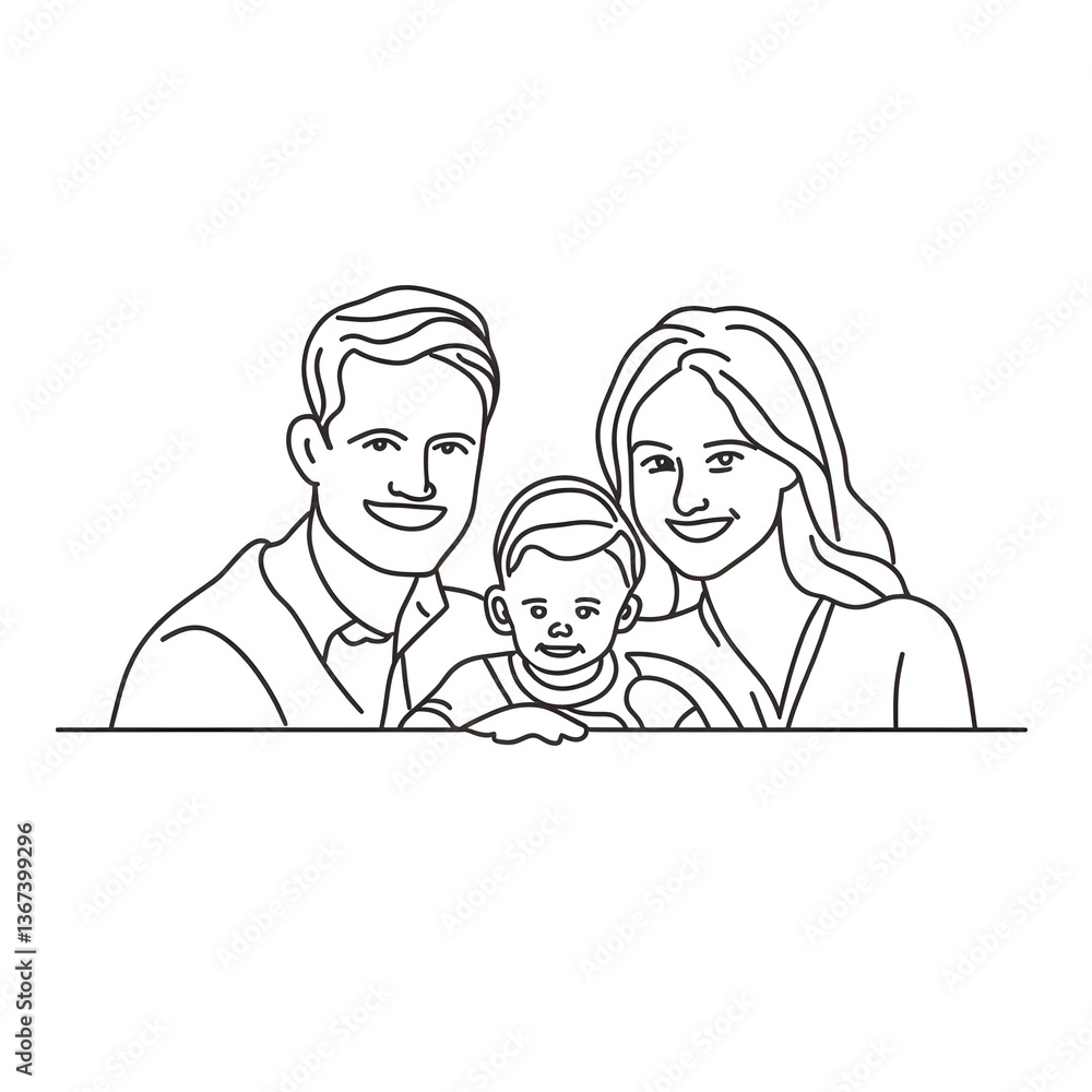 Happy family portrait illustration showing parents and their adorable baby child smiling together in a minimalist line art style. Happy family portrait illustration showing parents and their adorable baby child smiling together in a minimalist line art style.