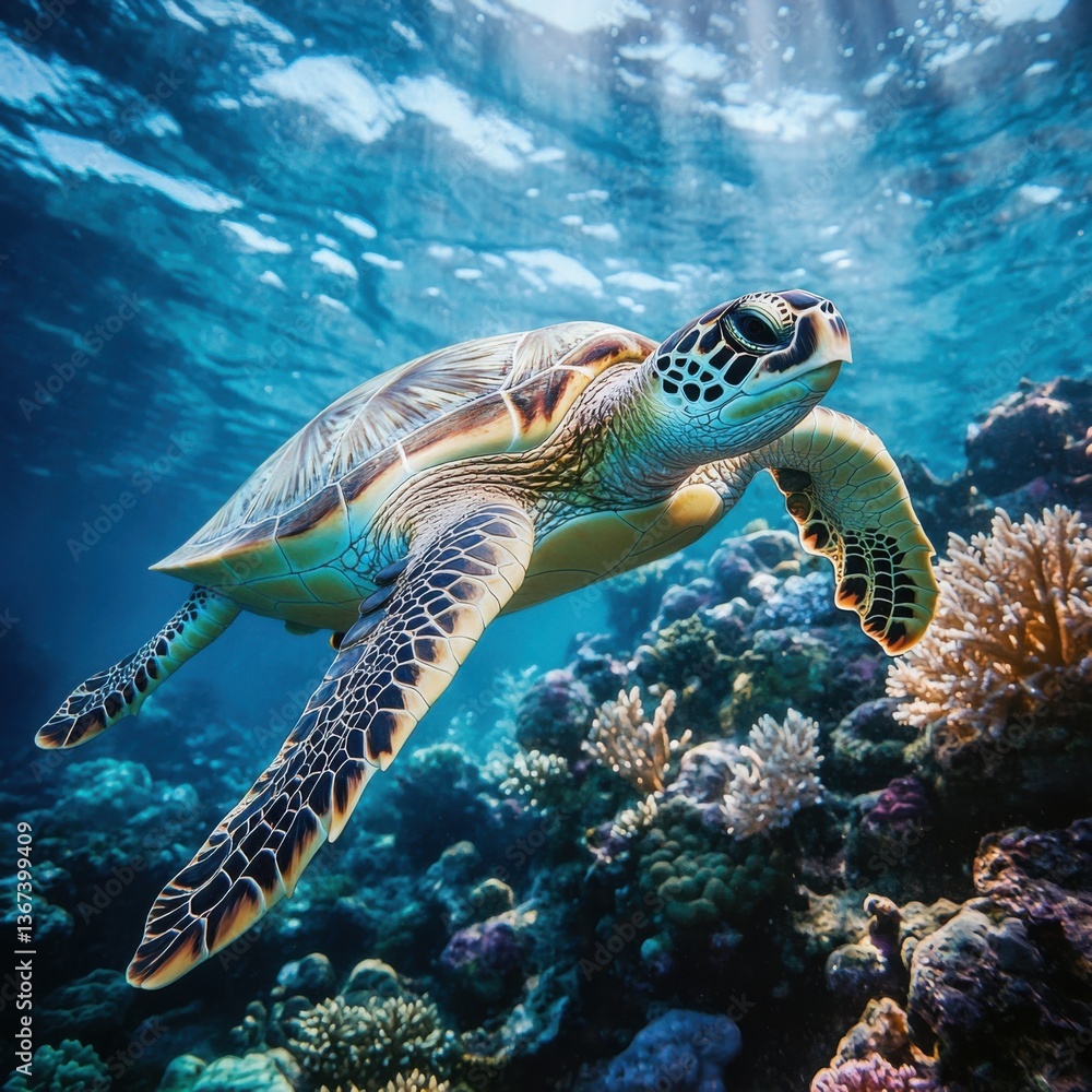 Fototapeta premium Green Sea Turtle Swimming in Vibrant Coral Reef