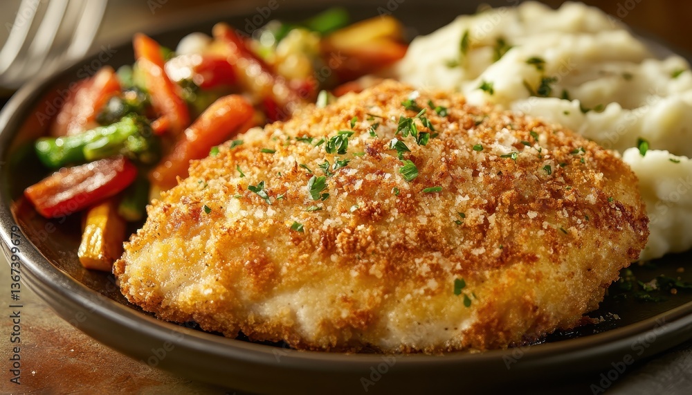 Crispy Breaded Chicken or Fish with Mashed Potatoes and Roasted Vegetables Crispy Breaded Chicken or Fish with Mashed Potatoes and Roasted Vegetables